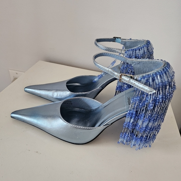 JEFFREY CAMPBELL Show Stop Light Blue Metallic Beaded Fringe Leather Pumps - Picture 16 of 16